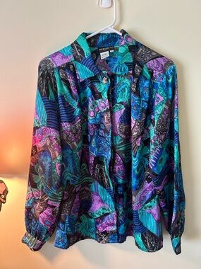 Vintage 90s Abstract Blouse Notations Retro Button up top